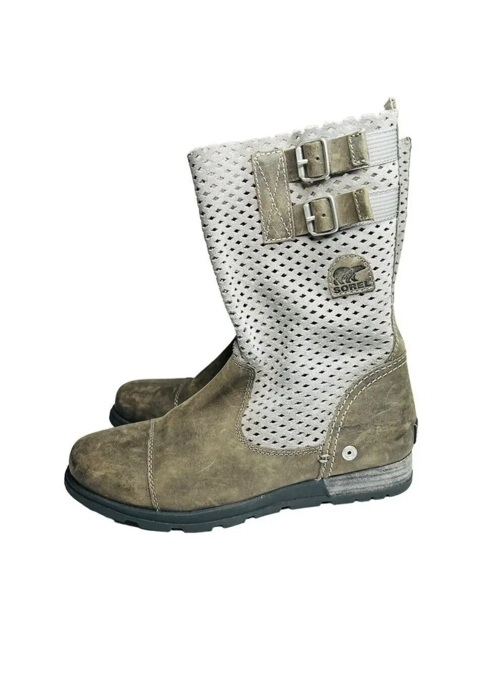 Sorel Major Pull On Perforated Laser Cut Leather Boots Beige &‎ Gray Women’s 8.5